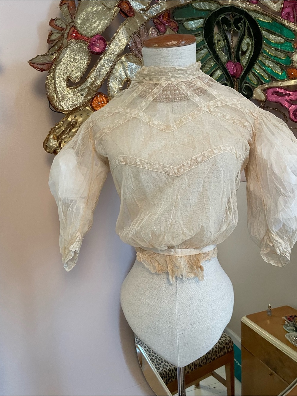 Delicate Antique Cotton Net Cream Lace High-Neck Women’s Bodice Blouse 1910s Era